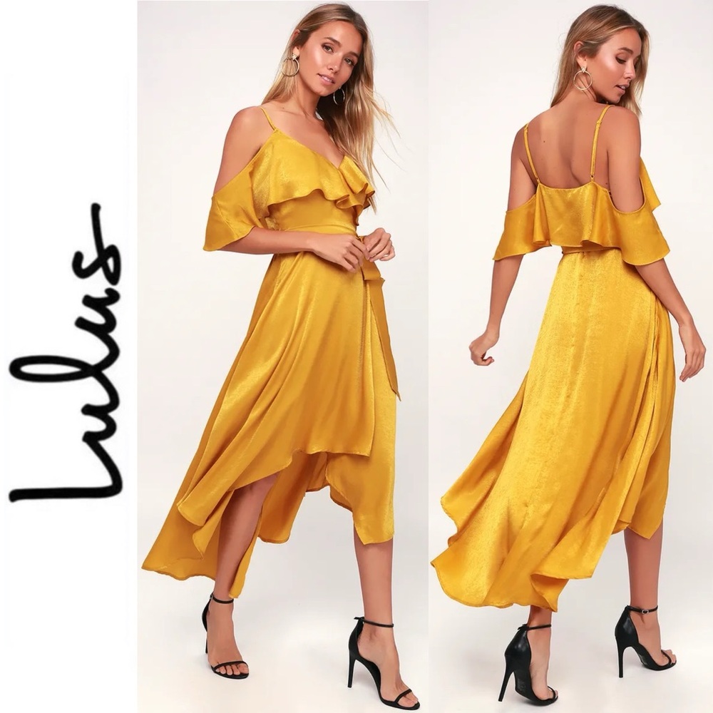 Layla Mustard Yellow Satin Off-the-Shoulder Wrap Dress from Lulus